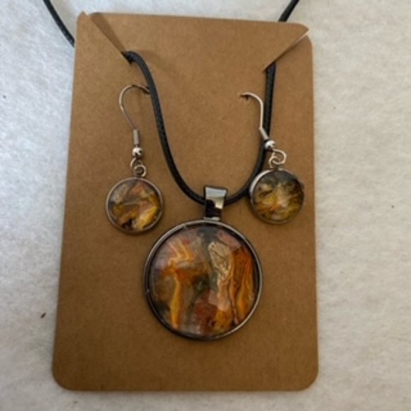 COPY - Abstract Acrylic Art Necklace And Earring Set In Pewter Bezel - Picture 1 of 13